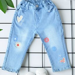 Bella Moda Denim Woven Floral & Hearts Embroidered Washed Stretchable Jeans - Light Blue-image-85