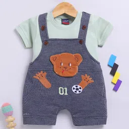 Jb Club Cotton Knit Teddy Bear Patch Embroidered Dungaree With Half Sleeves Tee Set - Green-picture-3