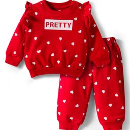 Doodle Poodle 100% Cotton Knit Full Sleeves T-Shirt & Jogger Set With Heart & Pretty Text Print - Red-picture-21