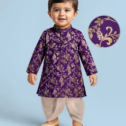 EARTHY TOUCH Woven Full Sleeves Kurta Dhoti Set with Floral Glitter Print - Purple-picture-11