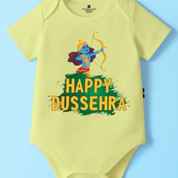 The Peppy Tend 100% Cotton Knit Dussehra Theme Half Sleeves Happy Dussehra Text Printed Onesie - Yellow-picture-18
