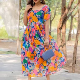 Pinly Women Floral Printed Gathered or Pleated Crepe Fit & Flare Dress-picture-1