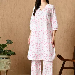 KELIN Floral Printed V-Neck Pure Cotton Puff Sleeve Straight Kurta With Palazzos-image-99
