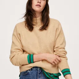 MANGO Women Beige Solid High-Neck Pullover-image-76
