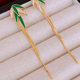 VAGHBHATT Gold-Plated Artificial Stones Studded Leaf Shaped Drop Earrings-19