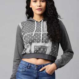 Hubberholme Women Charcoal Grey & White Printed Hooded Cropped Sweatshirt-image-42