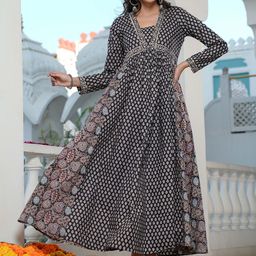 KALINI Floral Printed Square Neck Long Sleeves Empire Pure Cotton Anarkali Kurta-image-83