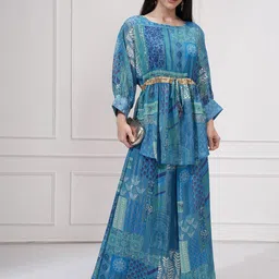 Vishudh Ethnic Motifs Printed Round Neck Kimono Tunic & Palazzos-18