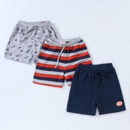 Babyhug Cotton Knit Mid Thigh Length Shorts Rugby Print Pack of 3 - Navy Blue, Red & Grey-image-11