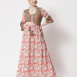 Aujjessa Three Fourth Sleeves Paisley Hand Block Printed Maternity Dress - Peach-picture-26