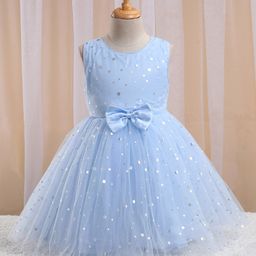 Babyhug Sleeveless Foil Printed with Bow Applique Flared Party Frock - Powder Blue-image-91