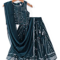 Babyhug Sleeveless Sequin Embroidered Lehenga Choli Duatta Set - Teal-image-33