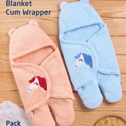 Zoe Hooded Wearable Blanket Cum Wrapper With Unicorn Patch Pack of 2- Blue & Peach-12