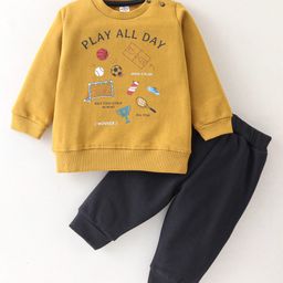 Zero Cotton Fleece Knit Full Sleeves Winter Wear T-Shirt and Lounge Pant Ball Print - Mustard & Deep Grey-image-13
