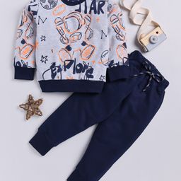 TOONYPORT Full Sleeves Space Theme Astronaut Printed Looper Knitted Sweatshirt & Joggers Set - Grey & Navy Blue-picture-36
