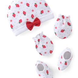 Babyhug 100% Cotton Knit Cap Mittens & Booties With Strawberry Print - White & Red-image-9