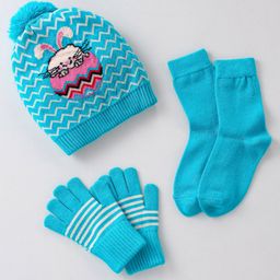 Model Set of Woolen Cap Gloves Socks Bunny Print - Diameter 13 cm (Colour May Vary)-1