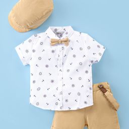 ToffyHouse Poplin Woven Half Sleeves Anchor Printed Shirt & Shorts Set with Bow Hat & Suspender - Golden-image-94