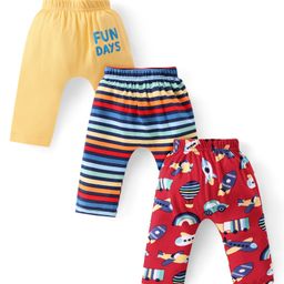 Babyhug Interlock Cotton Knit Full Length Striped Diaper Leggings with Vehicles Print Pack of 3 - Yellow & Red-image-47