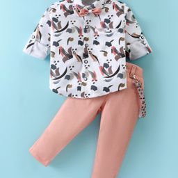Rikidoos Full Sleeves Abstract Printed Shirt With Pant Bow & Suspender Set - White & Light Peach-image-52