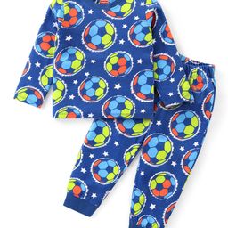 Babyhug Cotton Knit Full Sleeves Night Suit With Footballs Print - Navy-image-55