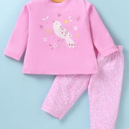 Zero Sinker Knit Full Sleeves T-Shirt & Lounge Pants Set With Bird Print - Pink-picture-19