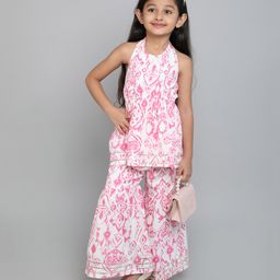 Taffykids Cotton Sleeveless Ikat Printed Ethnic Peplum Kurta & Sharara Set - White & Pink-image-34