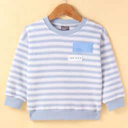 Little Kangaroos Fleece Knitted Full Sleeves Pullover Sweater With Striped Design & Text Patch - Light Blue-image-102