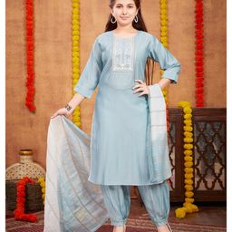 Aarika Silk Three Fourth Sleeves Floral Embroidered & Gota Lace Embellished Kurta Patiala With Dupatta Set - Sky Blue-image-80