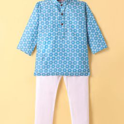 Ridokidz Full Sleeves Ethnic Printed Kurta Pyjama Set - Sky Blue-image-82