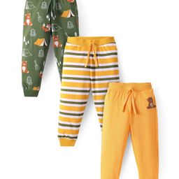 Babyhug Single Jersey Knit Full Length Lounge Pants with Stripes Animal & Text Print Pack Of 3 - Yellow & Olive Green-image-3