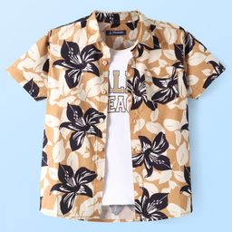 Pine Kids Cotton Woven Half Sleeves Floral Printed Shirt with Text Printed T-Shirt - Tan-image-24