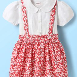 Babyhug Single Jersey Knit Half Puffed Sleeves Top & Skirt Set With Floral Print - White & Red-image-46