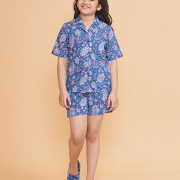 Piccolo Cotton Woven Half Sleeves Floral Printed Coordinating Night Suit Set - Blue-image-74