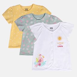 MINI KLUB Cotton Pack Of 3 Half Sleeves Floral & Bird Printed Jhablas - Yellow Green & White-image-53
