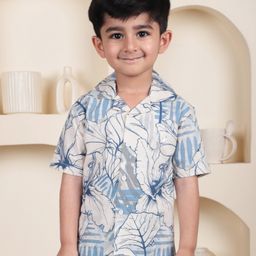 Polka Tots Cotton Half Sleeves Leaves Printed Shirt - Blue-image-45