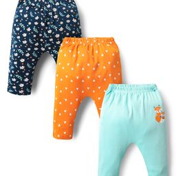Babyhug Cotton Interlock Knit Full Length Diaper Leggings with Heart Floral & Fox Print Pack of 3 - Navy Blue Light Blue & Yellow-image-75