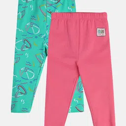 MINI KLUB Cotton Pack Of 2 Solid & Beach Theme Printed Leggings - Pink & Blue-picture-15