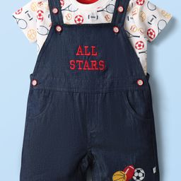 Wonderchild Interlock Knit All Stars Text Embroidered Dungaree With Half Sleeves Tee - White & Denim-image-5