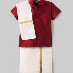 Dapper Dudes Cotton Silk Woven Half Sleeves Solid Shirt & Mundu With Angavastram Set - Maroon-image-37