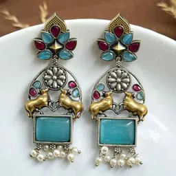 NAMAN ARTS Silver-Plated Artificial Stones Studded And Beaded Contemporary Drop Earrings-47
