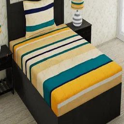 Aura Yellow & Teal Striped 144 TC Single Bedsheet with 2 Pillow Covers-image-66