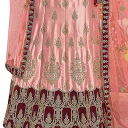 MANVAA Peach-Coloured & Maroon Embroidered Thread Work Semi-Stitched Lehenga & Unstitched Blouse With Dupatta image 3