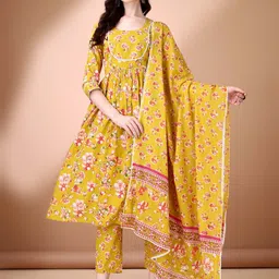 Anouk Floral Printed Pleated Pure Cotton Anarkali Kurta with Trousers & Dupatta-12