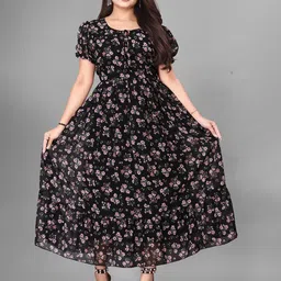 KRISHTI CREATION Floral Print Puff Sleeve Georgette Fit & Flare Maxi Dress-picture-39