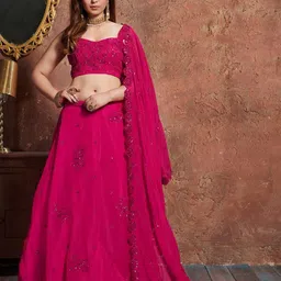 ODETTE Floral Embroidered Sequinned Semi-Stitched Lehenga & Blouse With Dupatta-image-89
