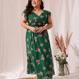 CURVY STREET Plus Size Floral Printed Flutter Sleeve Chiffon Fit & Flare Dress-2