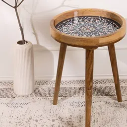 THREADVIBE LIVING Blue & Brown Printed Mango Wood Round Shape End Table Mandala-image-78
