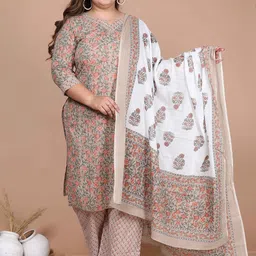 Doriyaan Plus Size Floral Printed V-Neck Pure Cotton Kurta With Palazzos And Dupatta-image-53