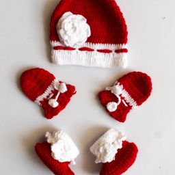 Woonie Handmade Floral Detailed Cap With Booties & Mittens - Red-picture-22